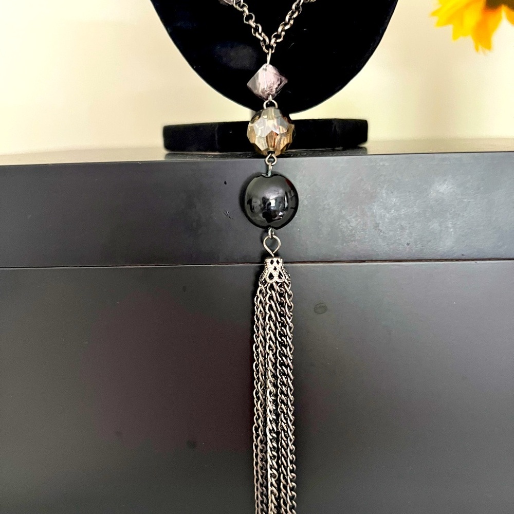 Elegant Black, Silver and Gunmetal Beaded Tassel Necklace - Picture 3 of 5